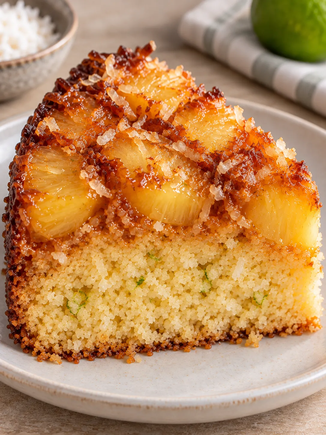Upside-down fruit cake with pineapple and lime — coconut