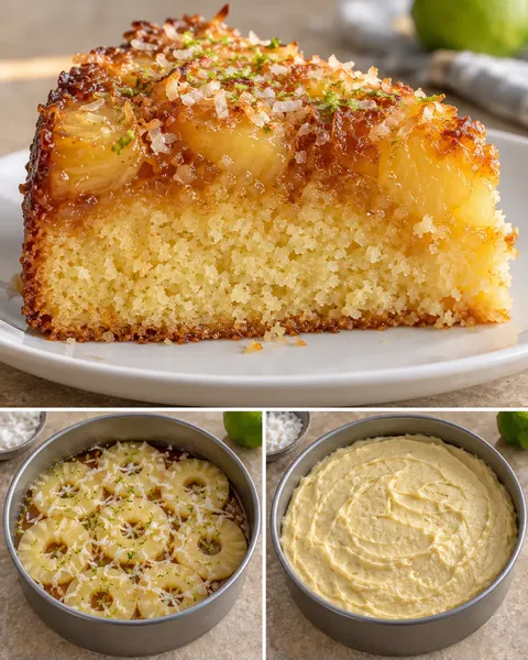 Upside-down fruit cake with pineapple and lime — coconut