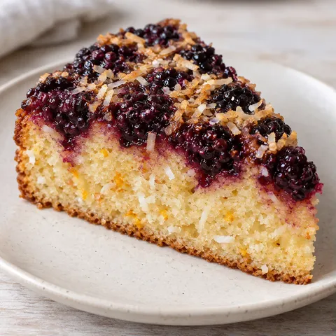 Upside-down fruit cake with blackberries and orange — coconut