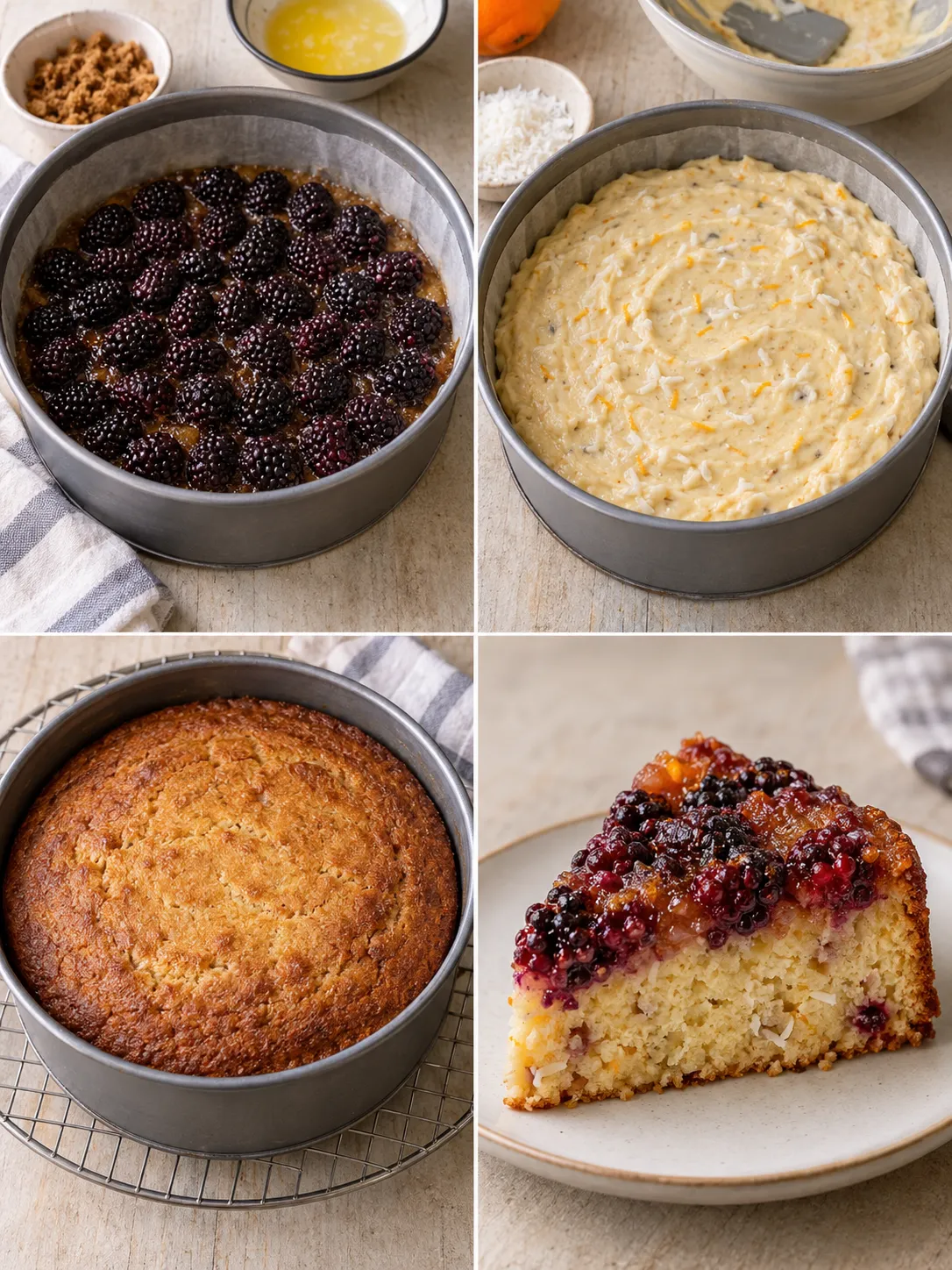 Upside-down fruit cake with blackberries and orange — coconut