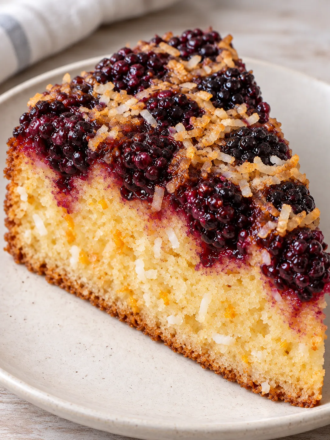 Upside-down fruit cake with blackberries and orange — coconut