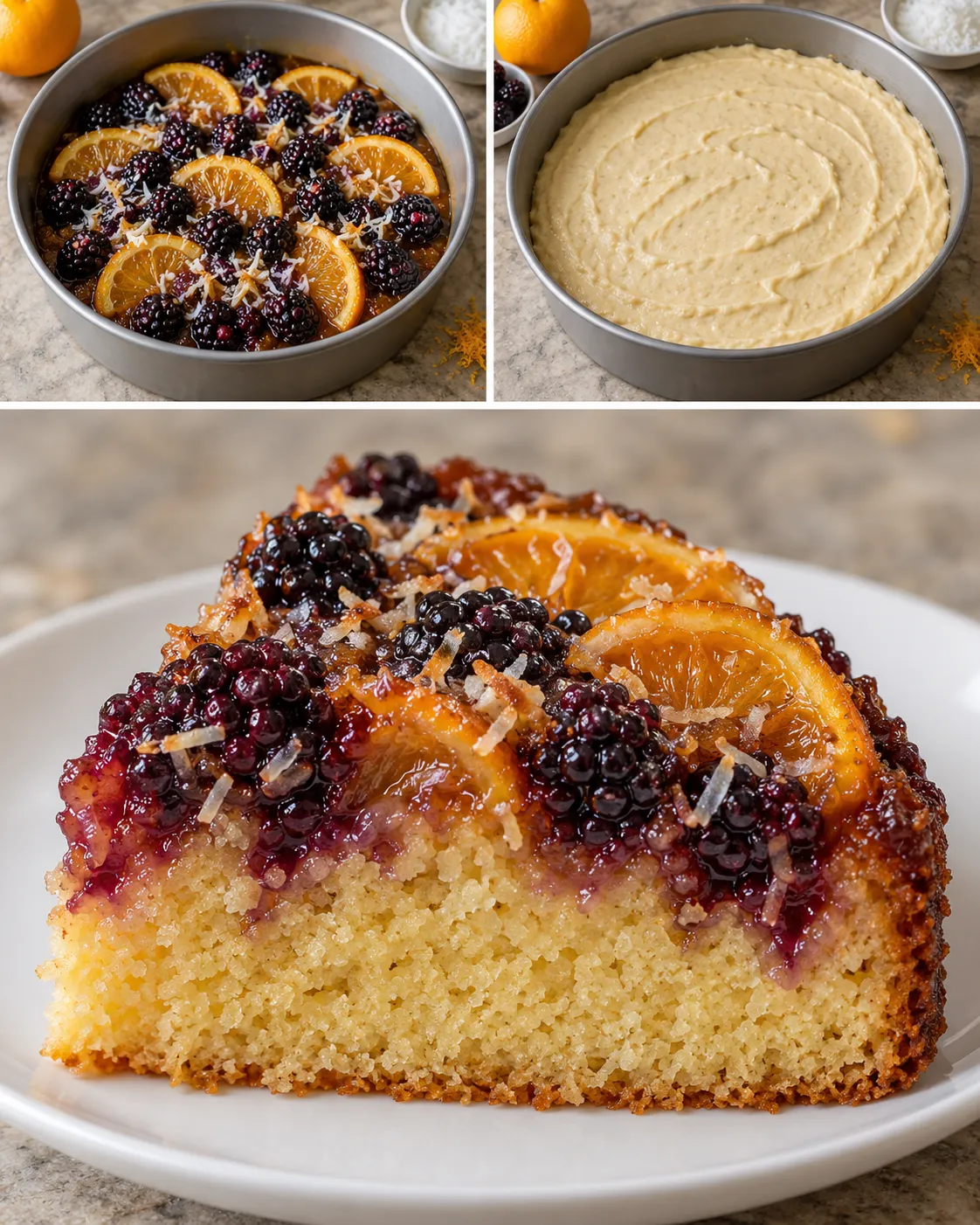 Upside-down fruit cake with blackberries and orange — coconut