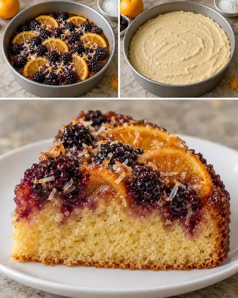 Upside-down fruit cake with blackberries and orange — coconut