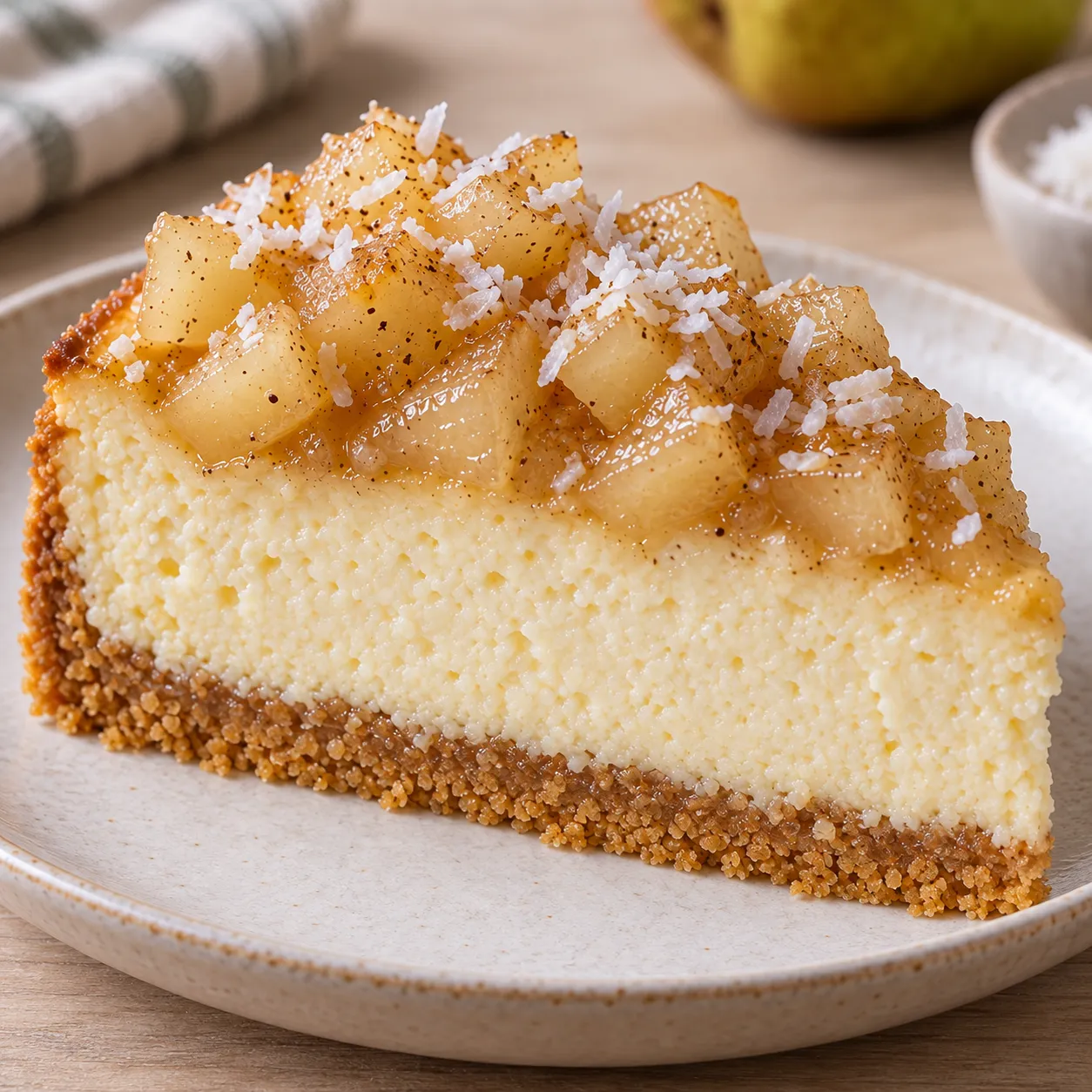 Baked cheesecake with pear and cardamom — coconut