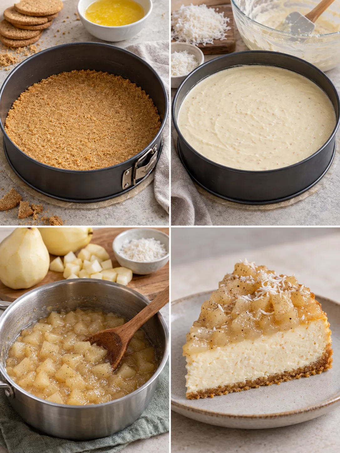 Baked cheesecake with pear and cardamom — coconut