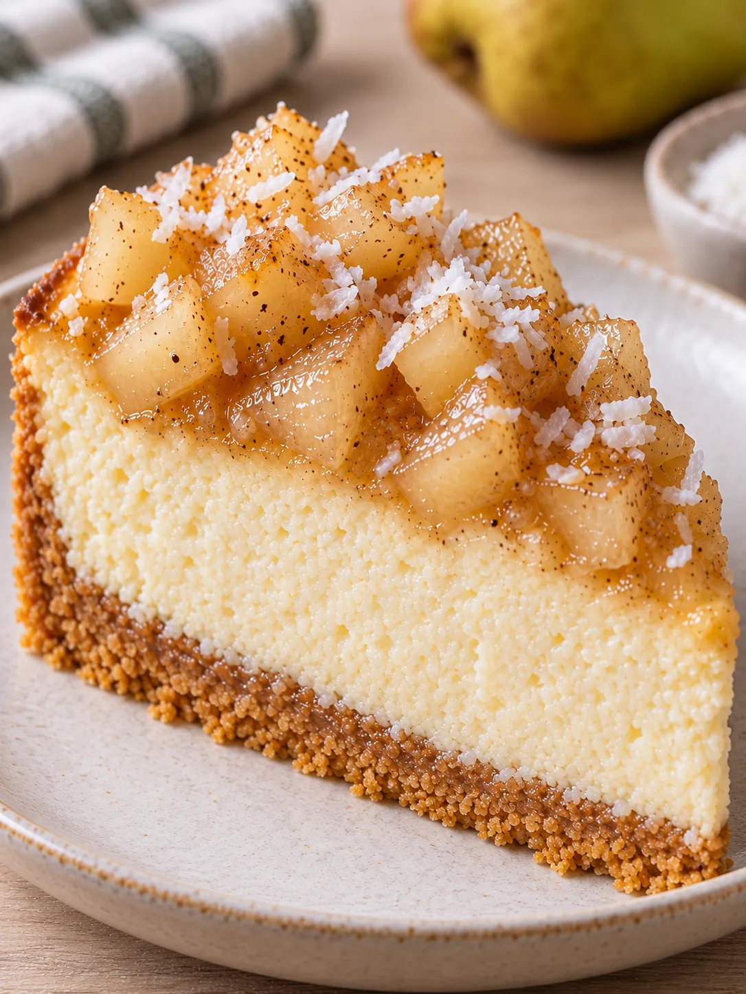 Baked cheesecake with pear and cardamom — coconut