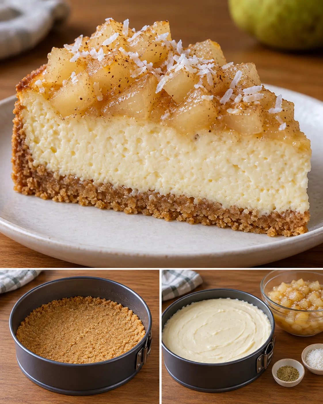 Baked cheesecake with pear and cardamom — coconut