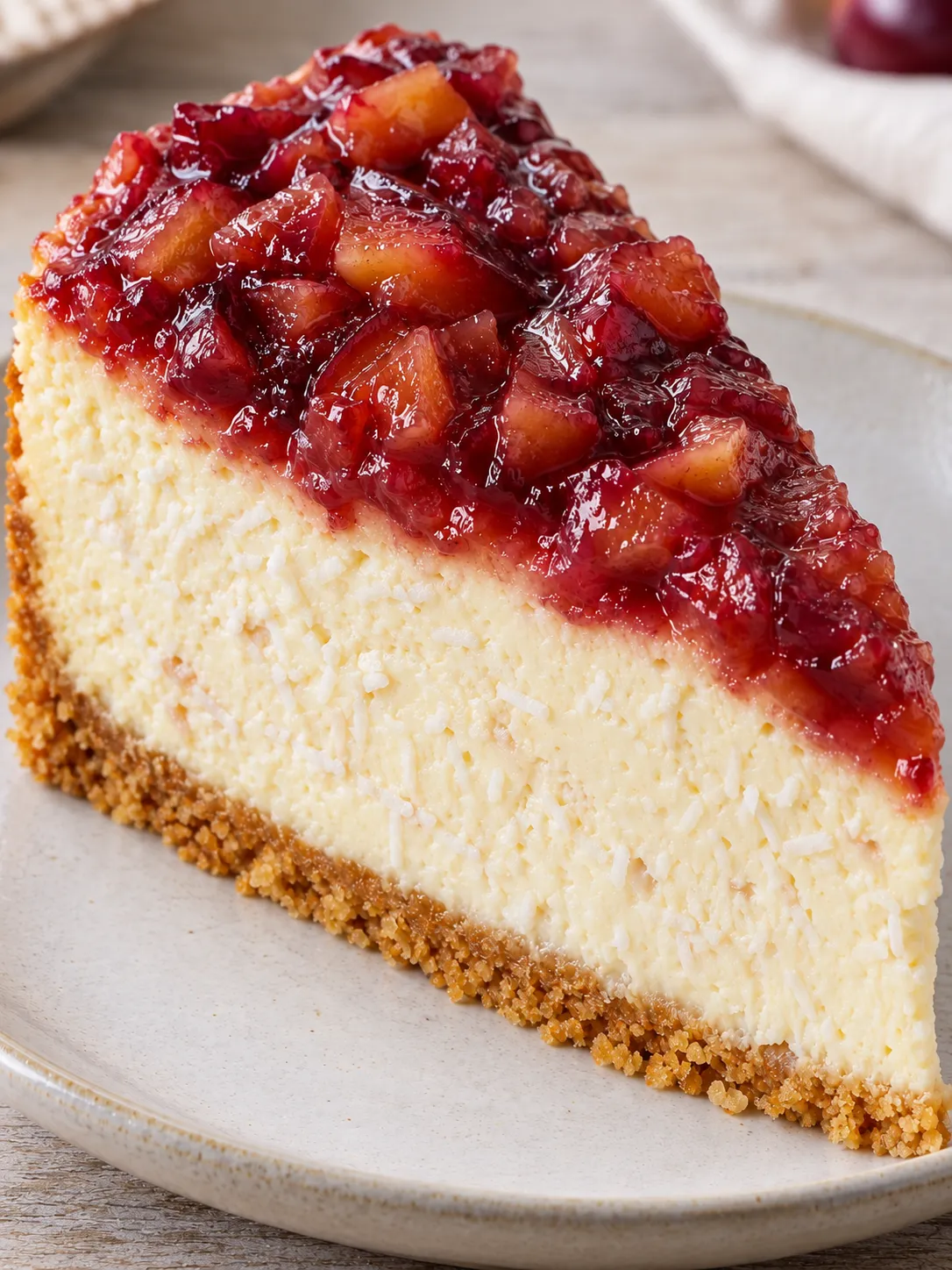 Baked cheesecake with plums and vanilla — coconut