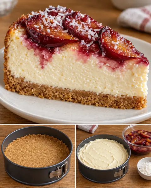 Baked cheesecake with plums and vanilla — coconut