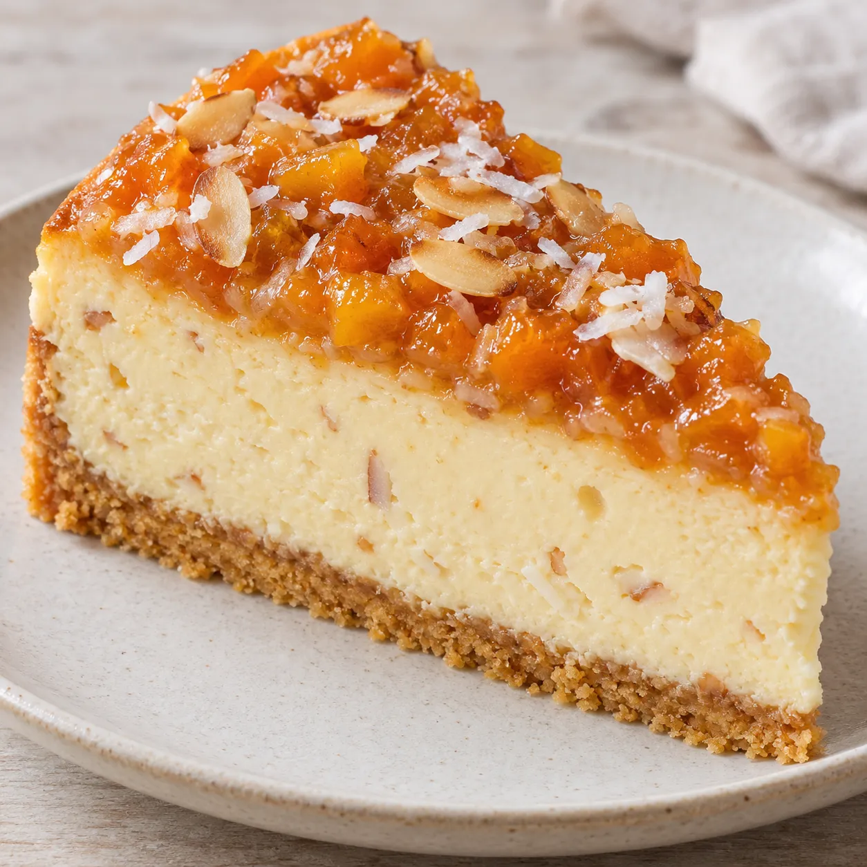 Baked cheesecake with apricots and almonds — coconut