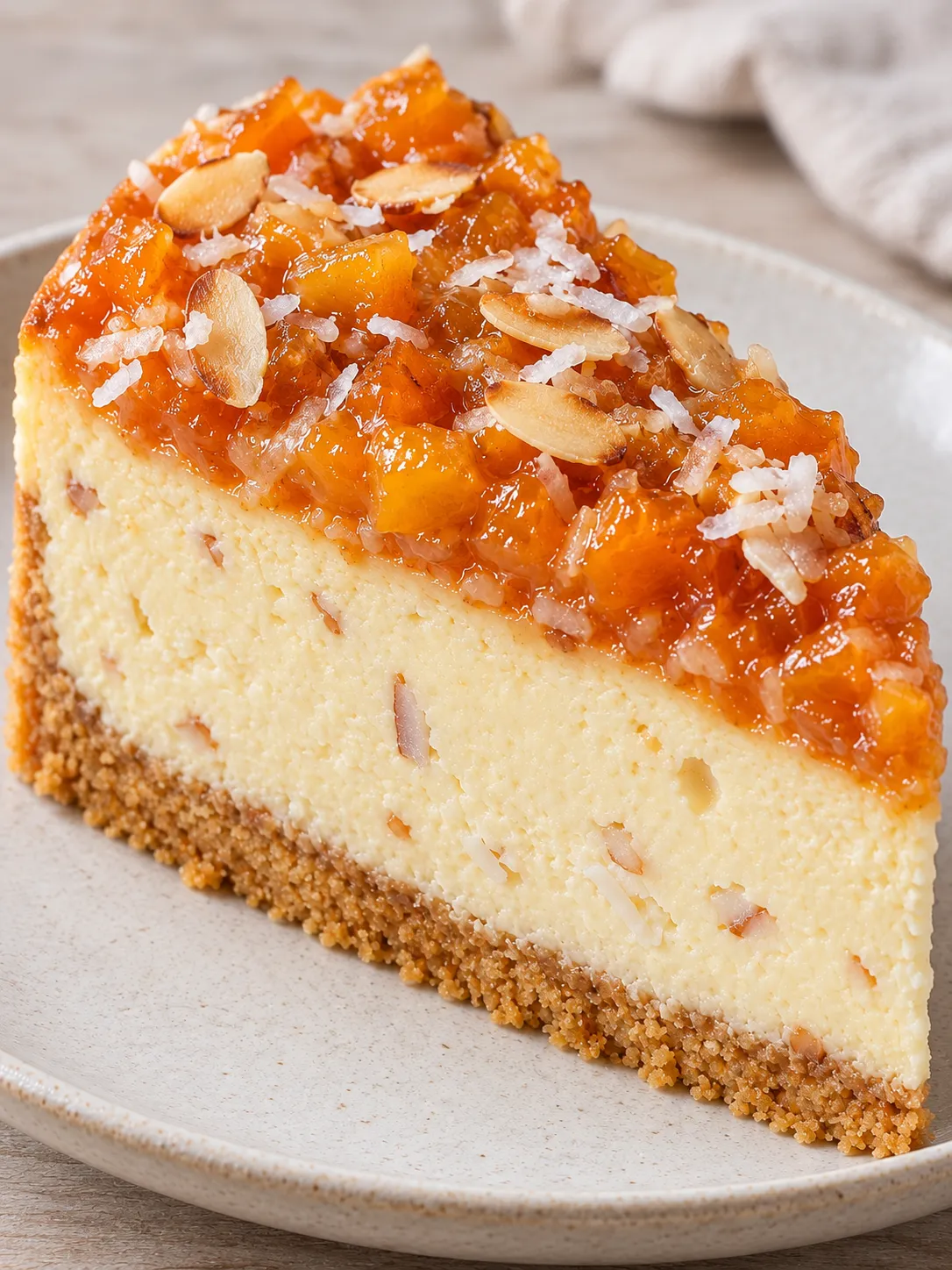 Baked cheesecake with apricots and almonds — coconut