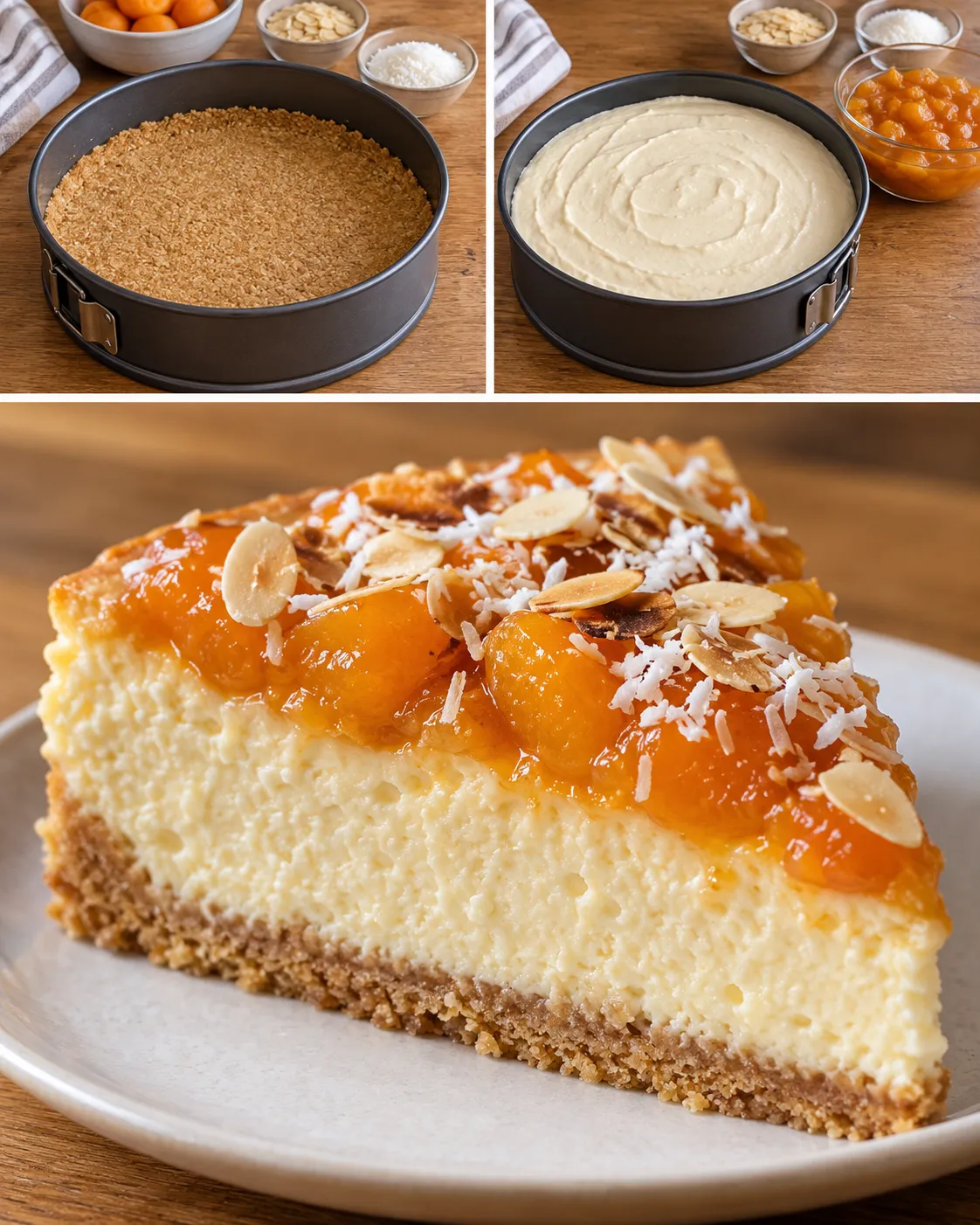 Baked cheesecake with apricots and almonds — coconut
