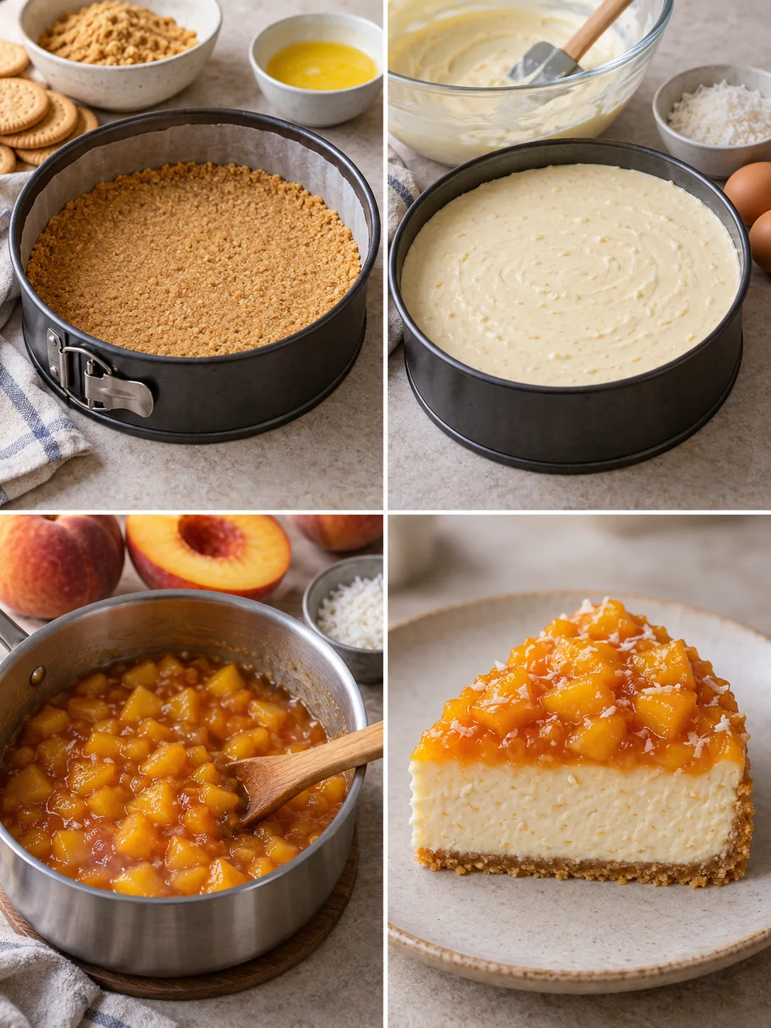 Baked cheesecake with peaches and vanilla — coconut