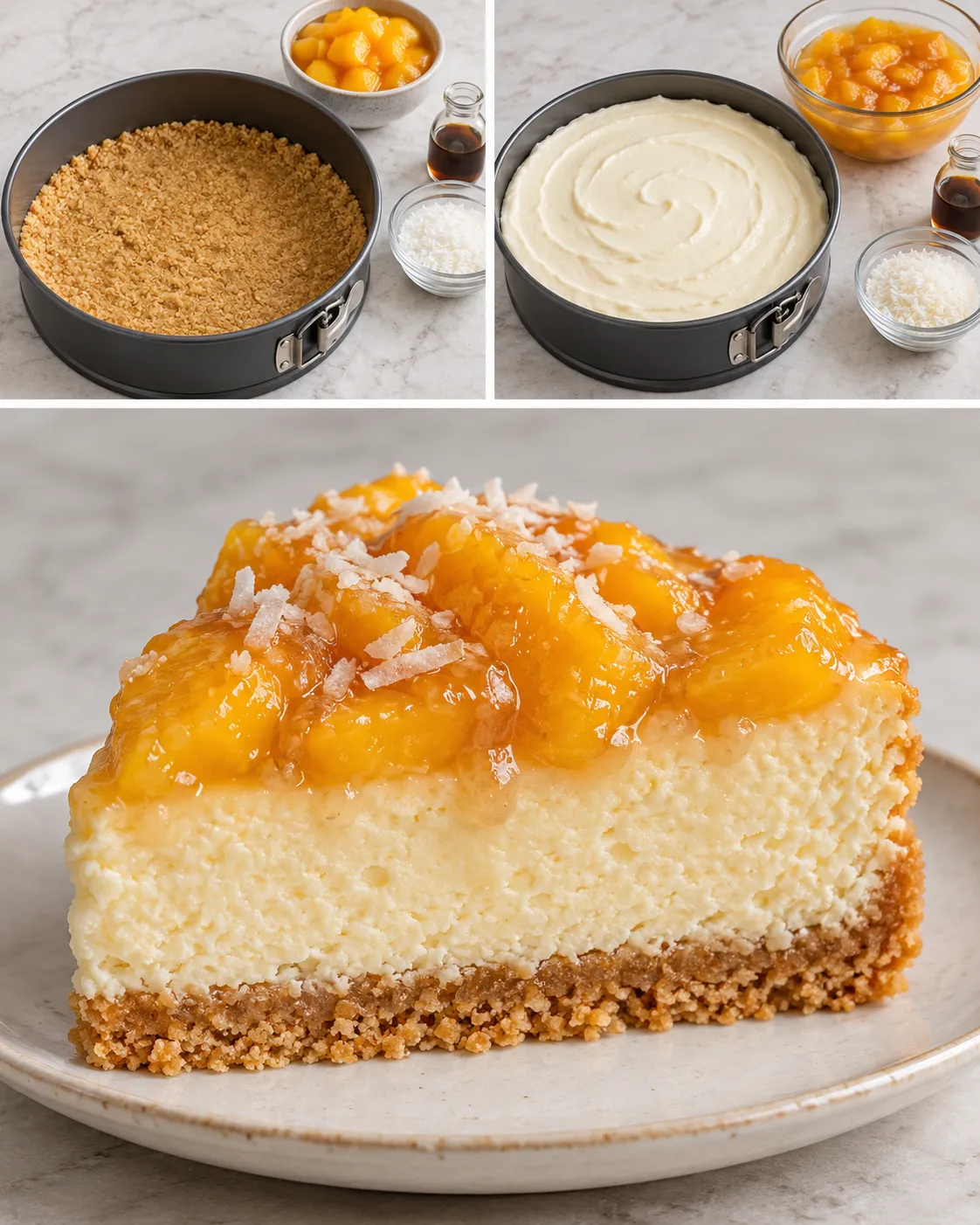 Baked cheesecake with peaches and vanilla — coconut