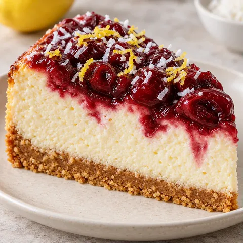 Baked cheesecake with cherries and lemon — coconut