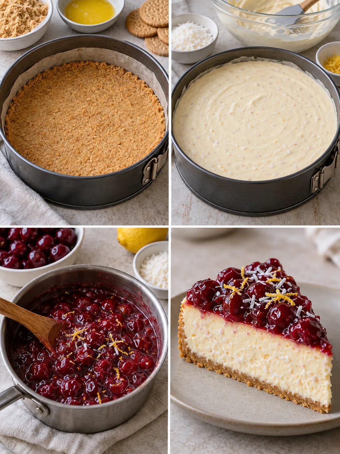 Baked cheesecake with cherries and lemon — coconut