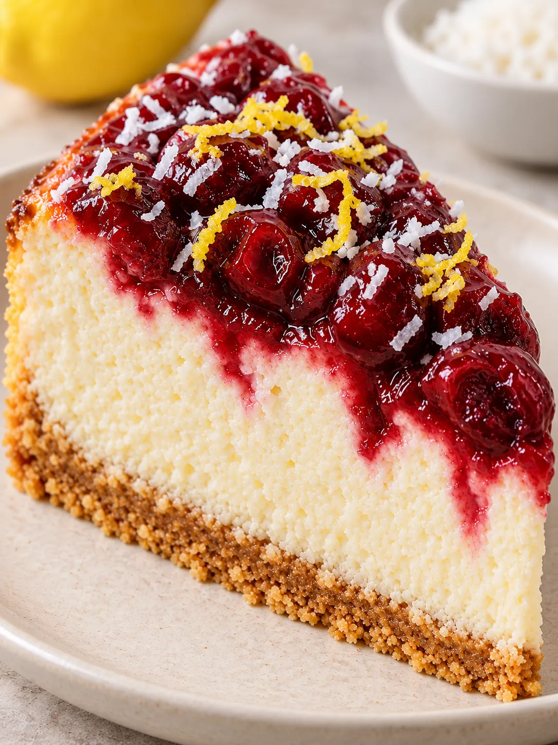 Baked cheesecake with cherries and lemon — coconut