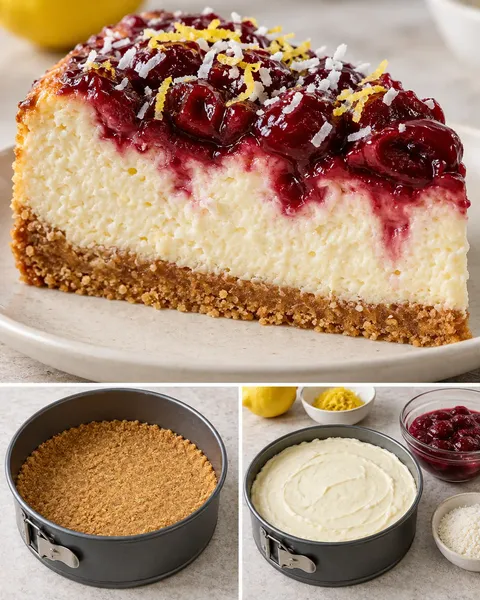 Baked cheesecake with cherries and lemon — coconut