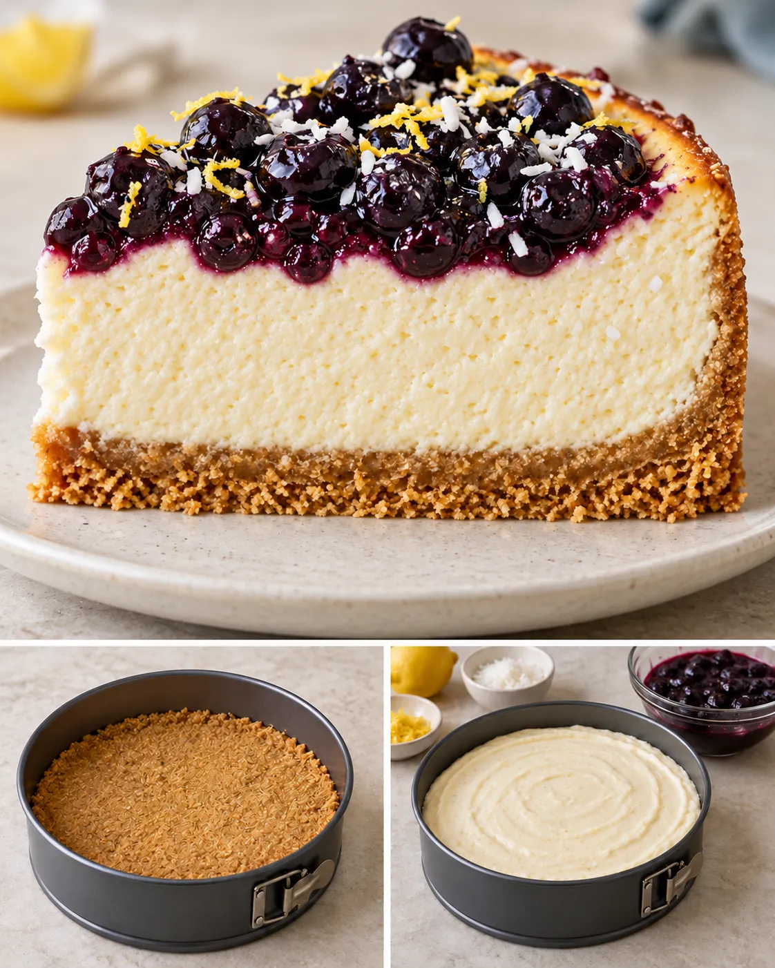Baked cheesecake with blueberries and lemon — coconut
