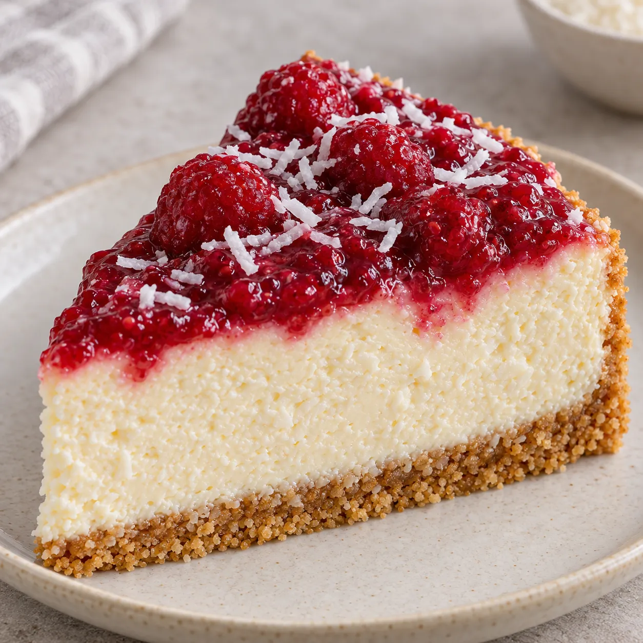 Baked cheesecake with raspberries and vanilla — coconut