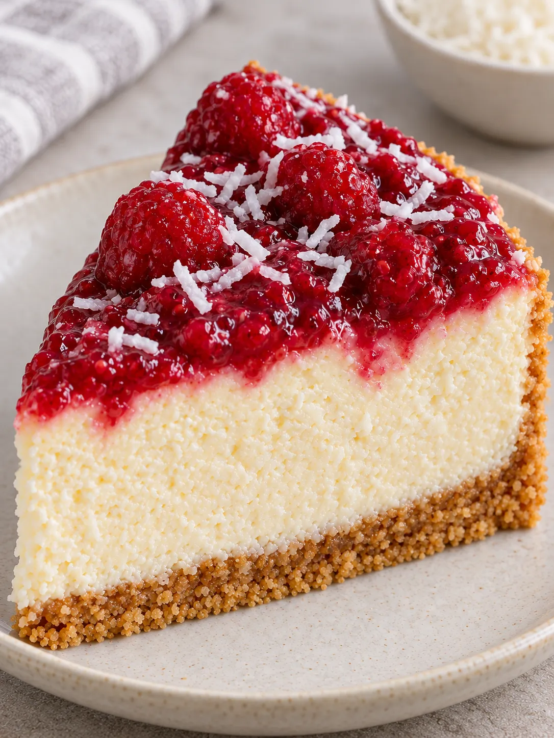 Baked cheesecake with raspberries and vanilla — coconut