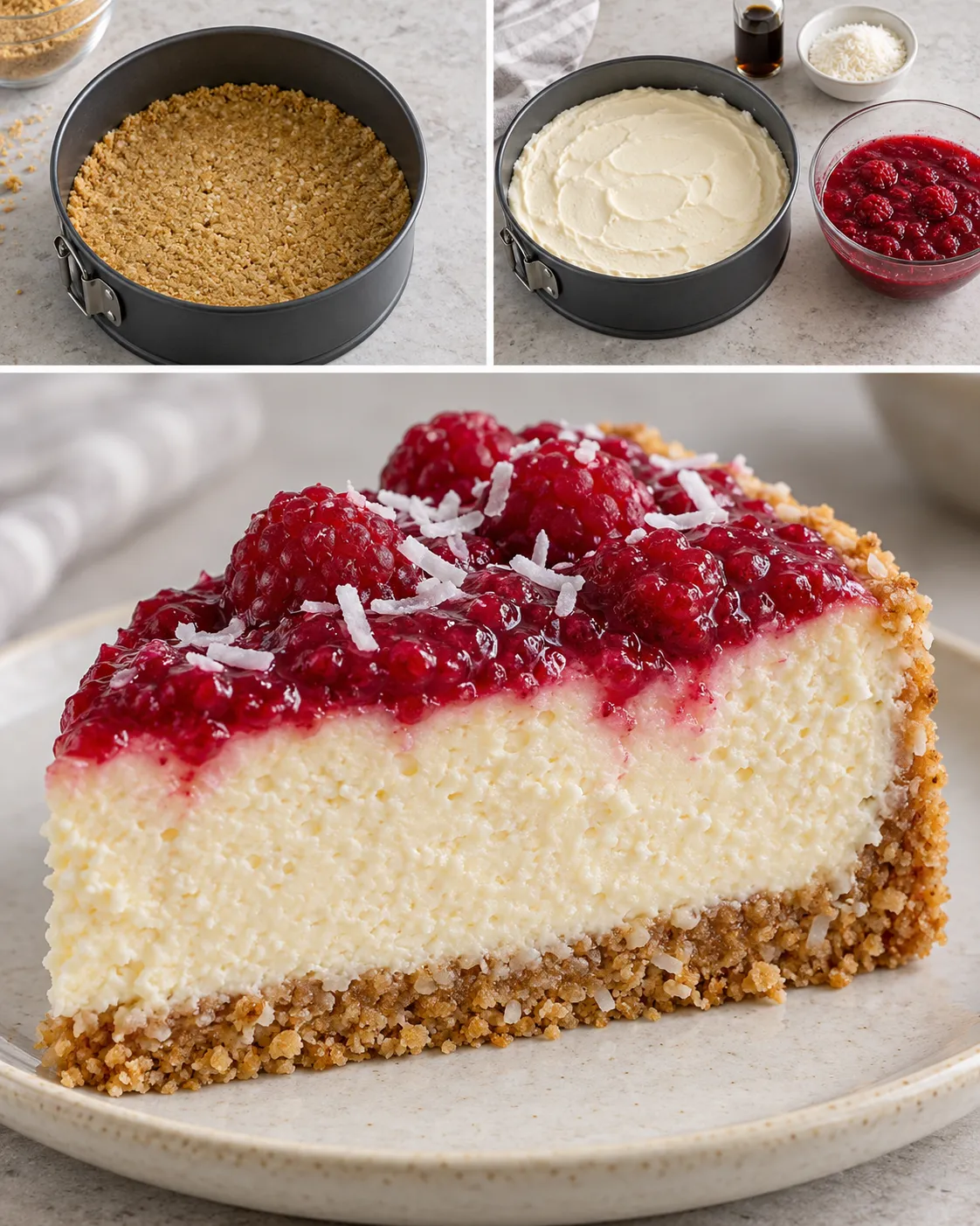 Baked cheesecake with raspberries and vanilla — coconut