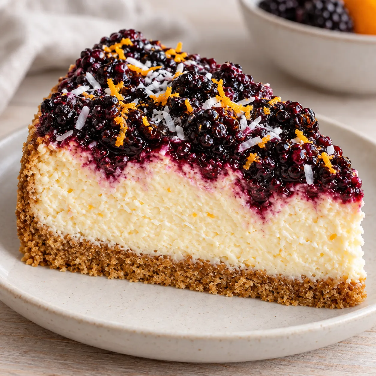 Baked cheesecake with blackberries and orange — coconut