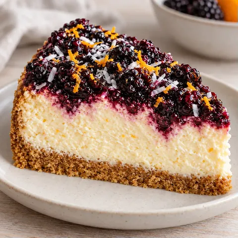 Baked cheesecake with blackberries and orange — coconut