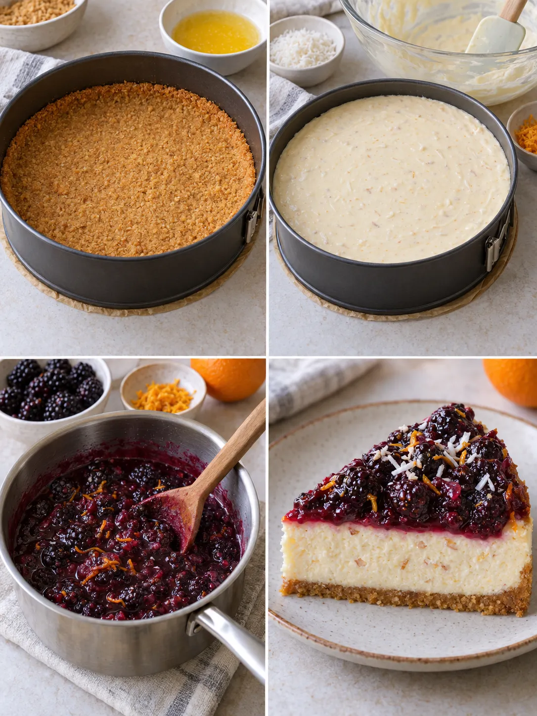 Baked cheesecake with blackberries and orange — coconut