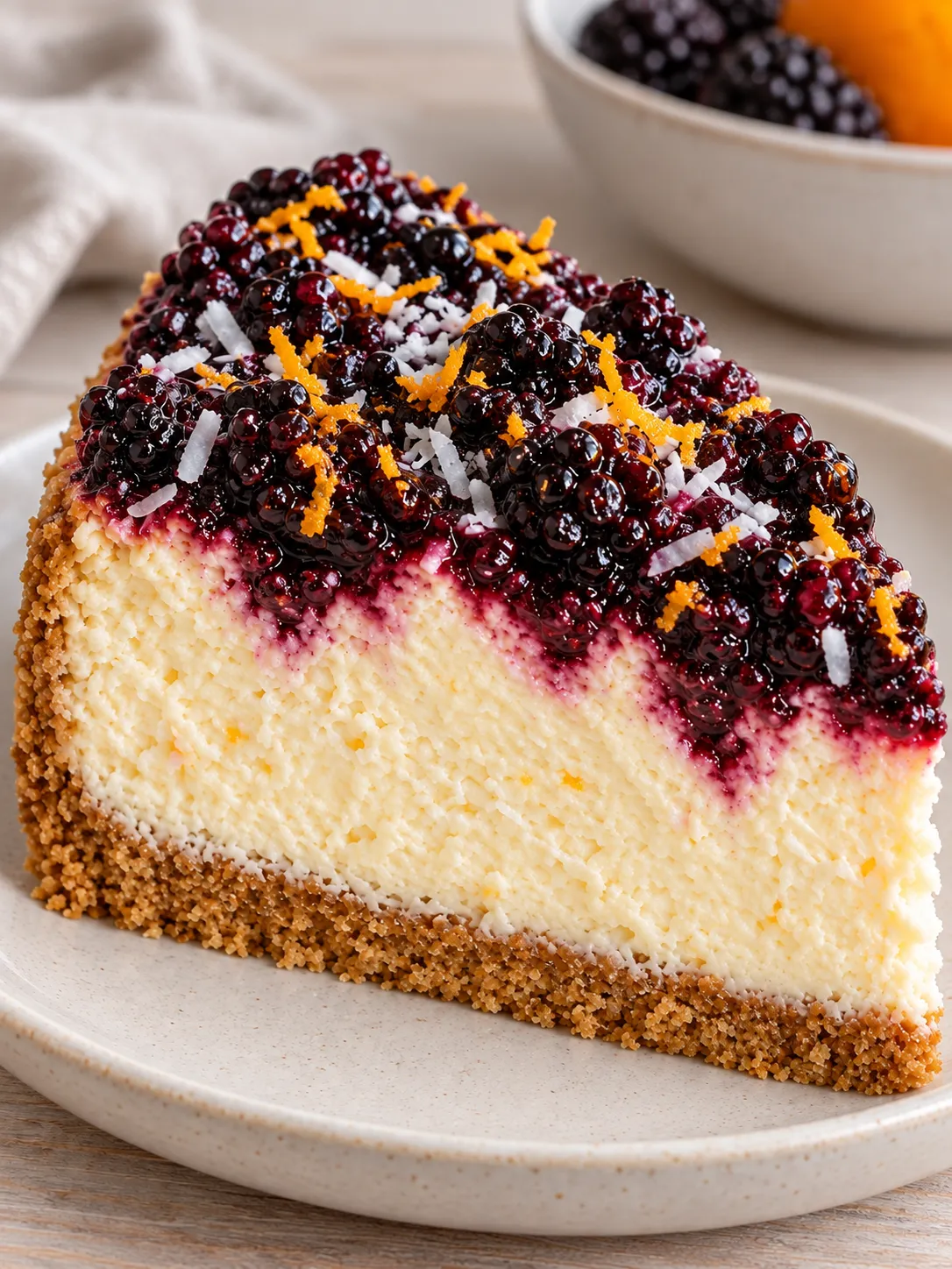 Baked cheesecake with blackberries and orange — coconut