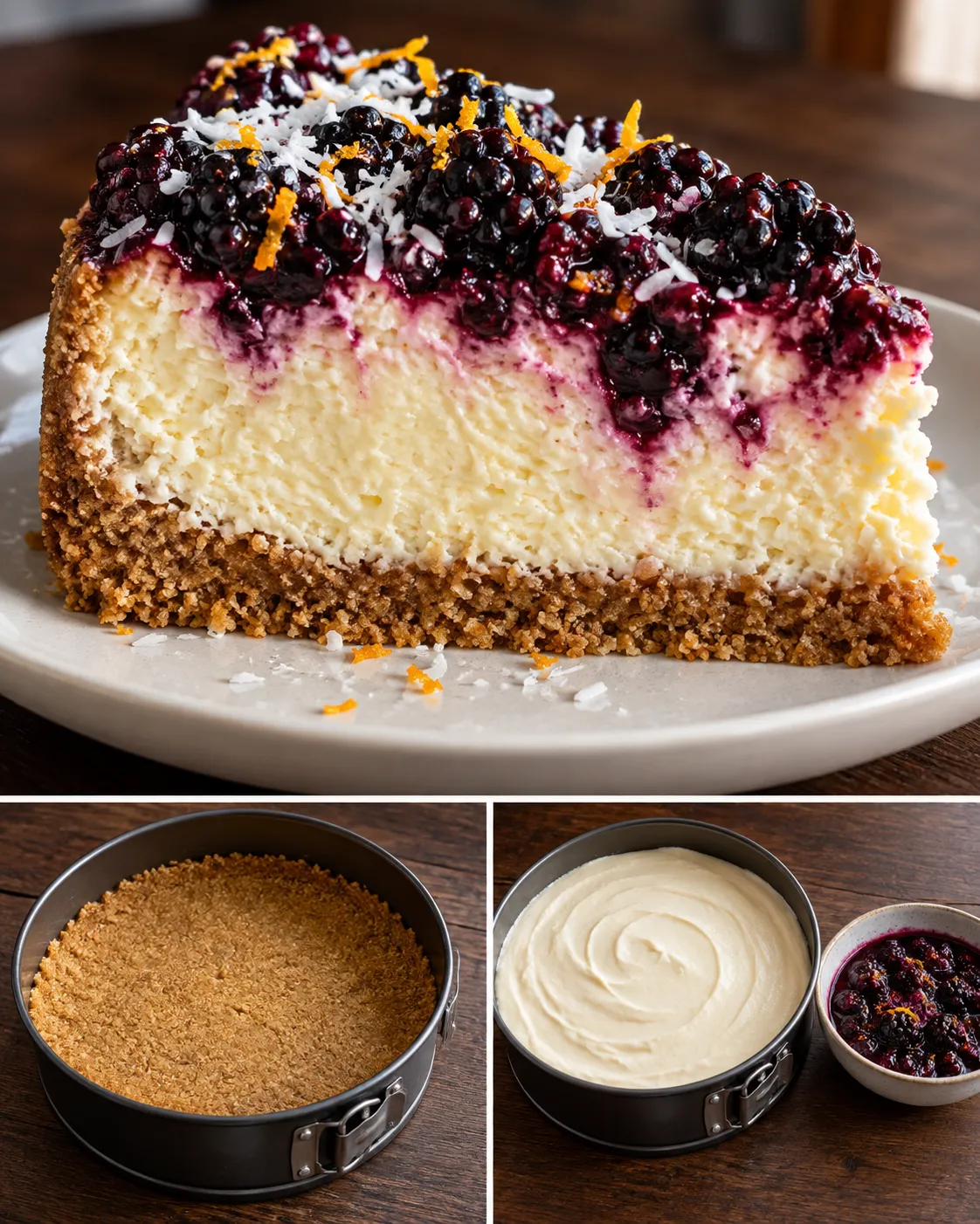 Baked cheesecake with blackberries and orange — coconut