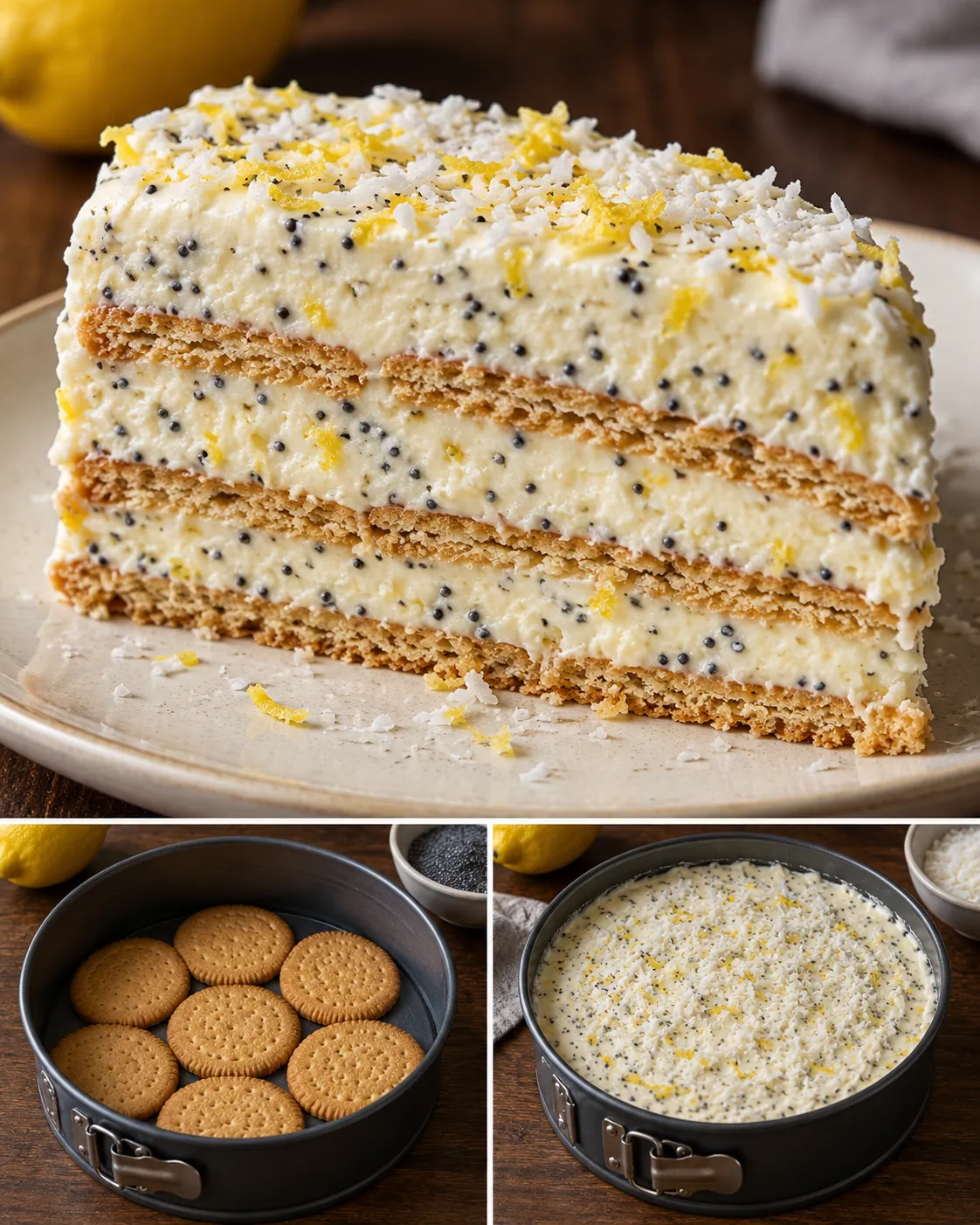 No-bake biscuit cake with lemon and poppy seeds — coconut