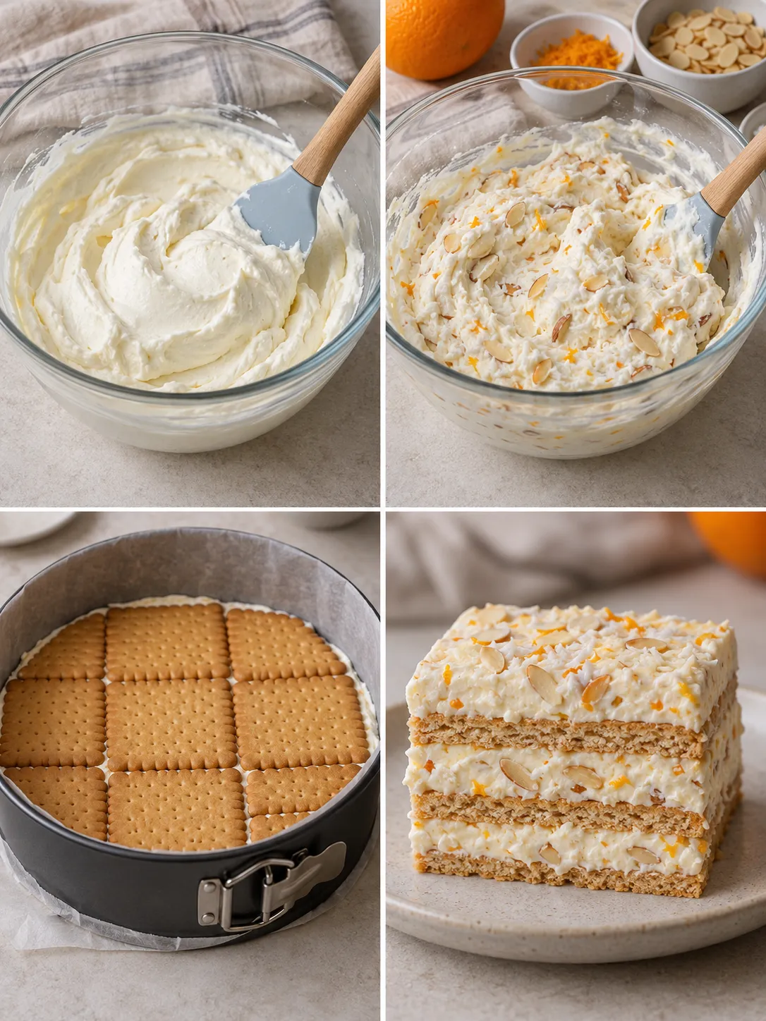 No-bake biscuit cake with orange and almonds — coconut