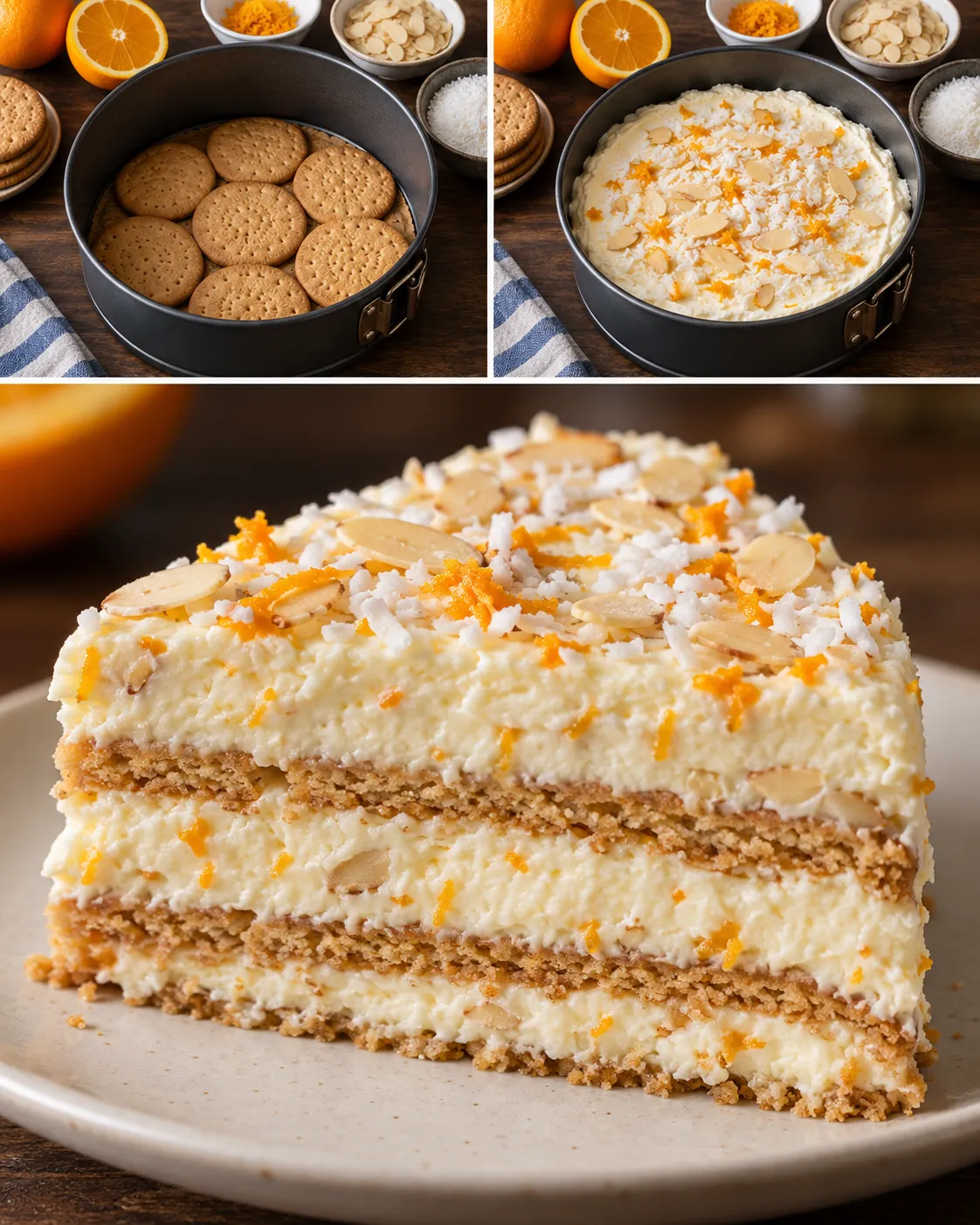 No-bake biscuit cake with orange and almonds — coconut