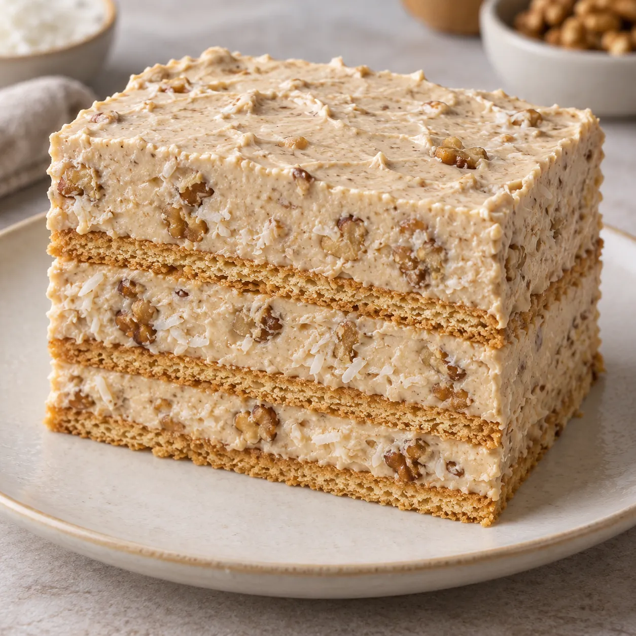 No-bake biscuit cake with coffee and walnuts — coconut