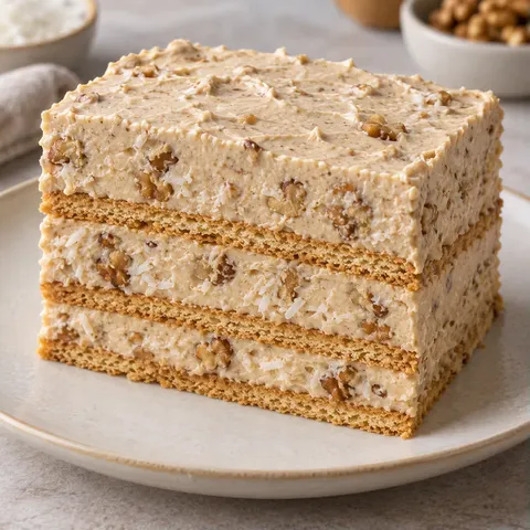 No-bake biscuit cake with coffee and walnuts — coconut