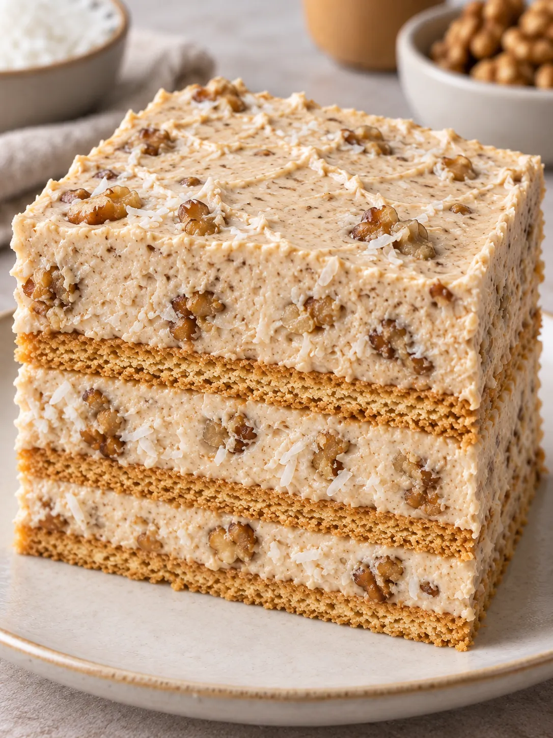 No-bake biscuit cake with coffee and walnuts — coconut