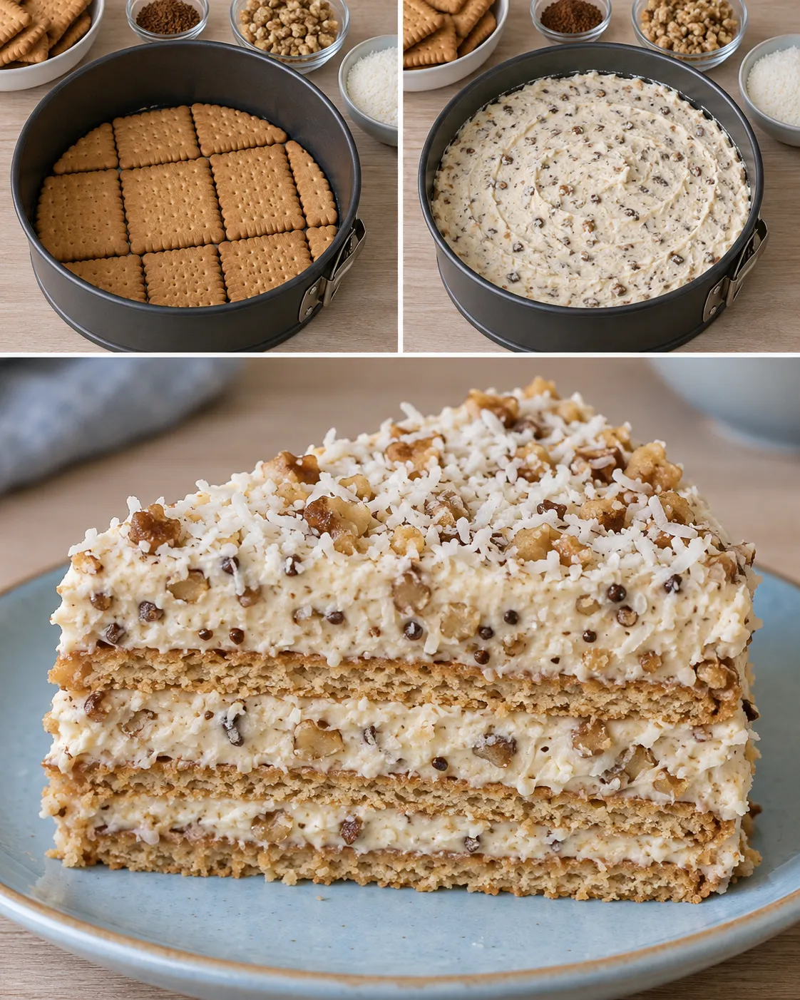 No-bake biscuit cake with coffee and walnuts — coconut