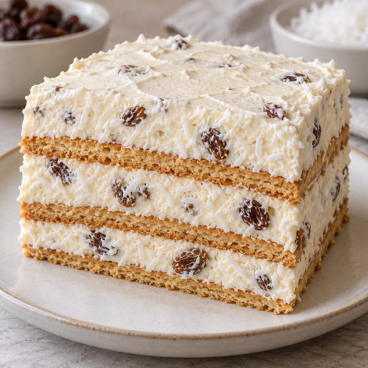 No-bake biscuit cake with vanilla and raisins — coconut