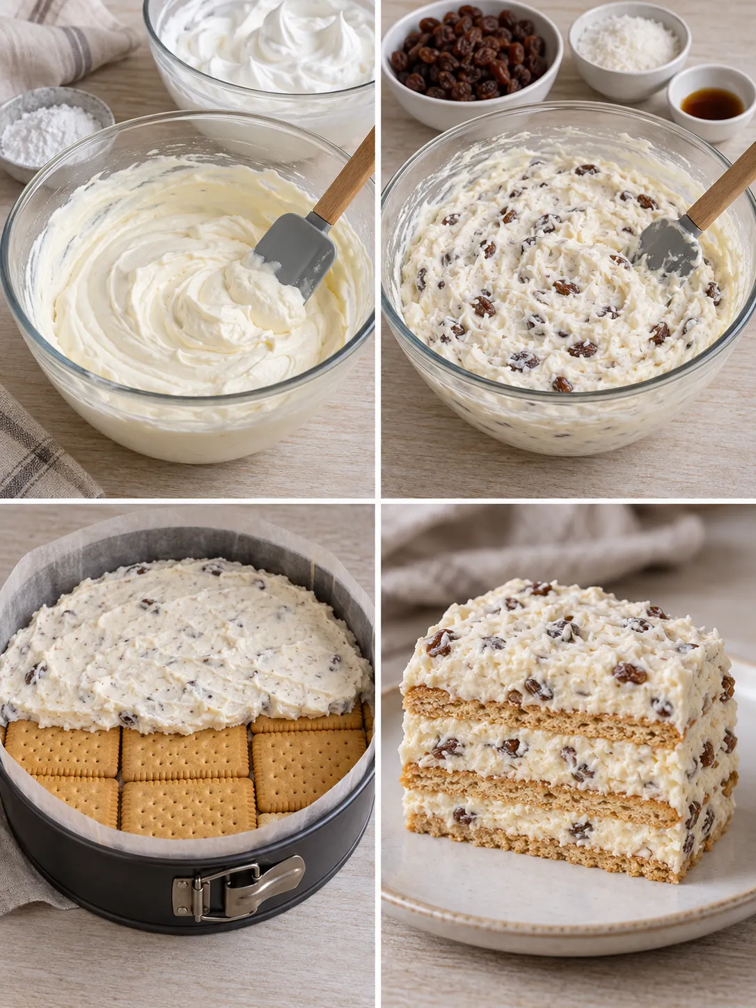No-bake biscuit cake with vanilla and raisins — coconut