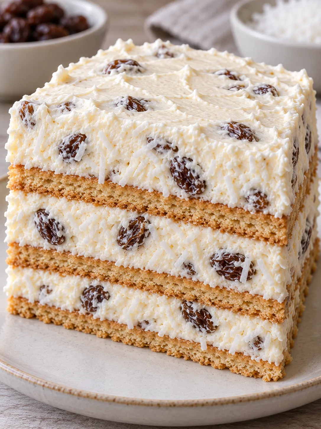 No-bake biscuit cake with vanilla and raisins — coconut