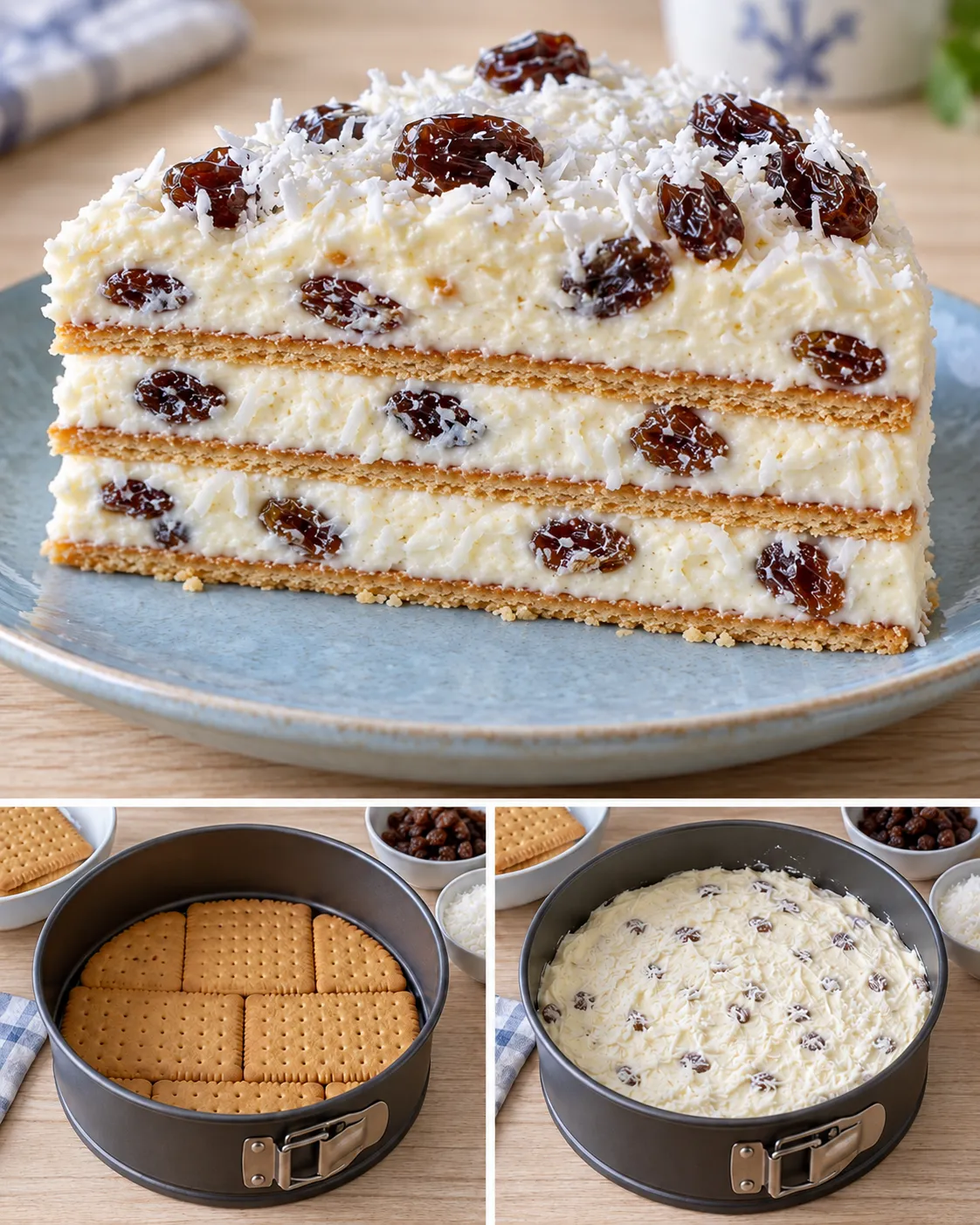 No-bake biscuit cake with vanilla and raisins — coconut