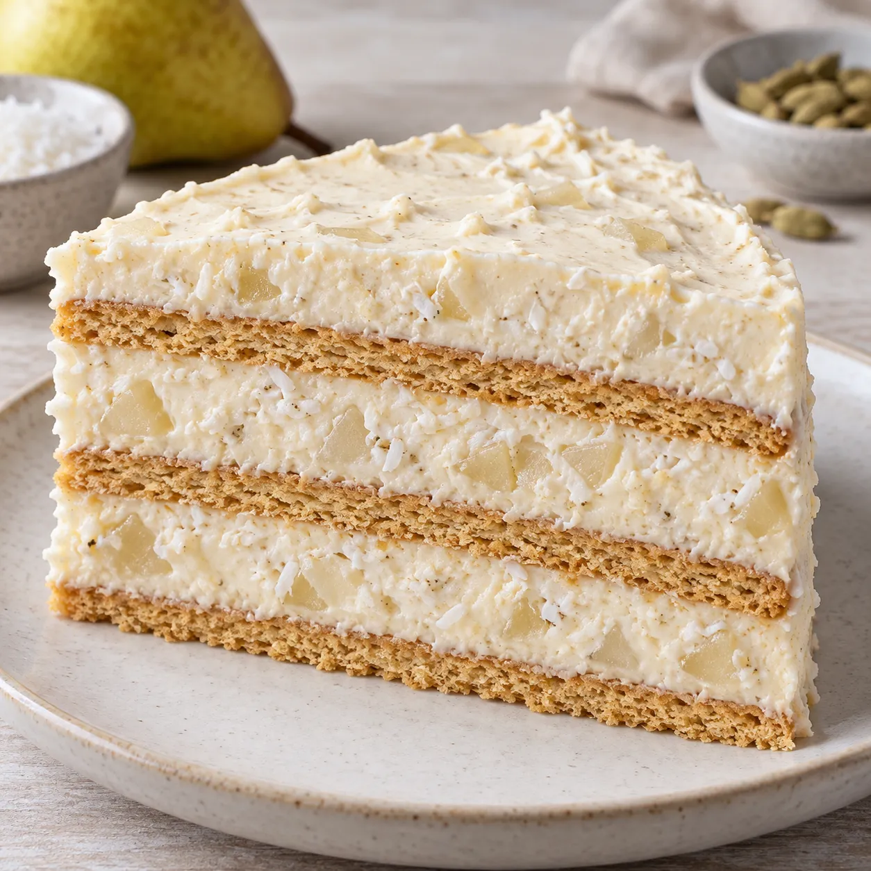 No-bake biscuit cake with cardamom and pear — coconut
