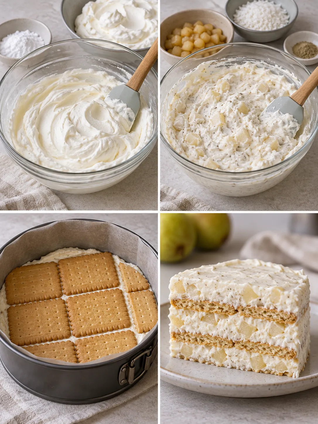 No-bake biscuit cake with cardamom and pear — coconut