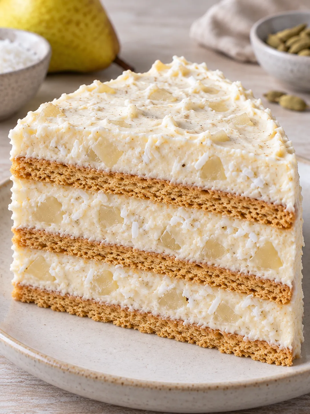 No-bake biscuit cake with cardamom and pear — coconut