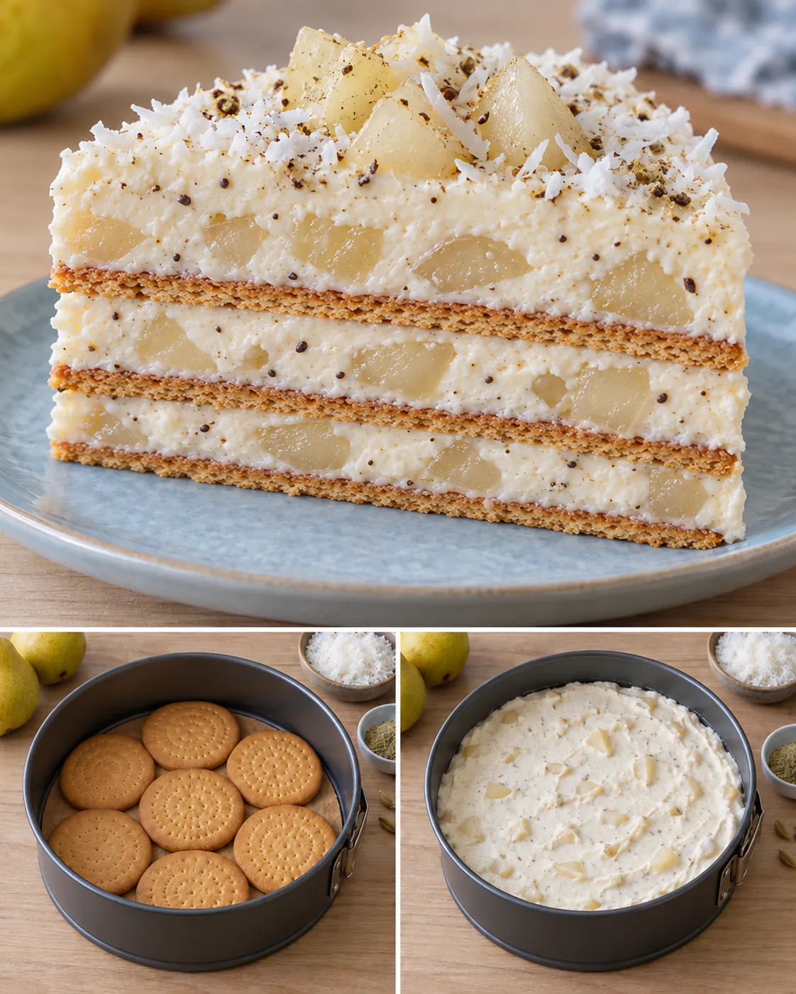 No-bake biscuit cake with cardamom and pear — coconut