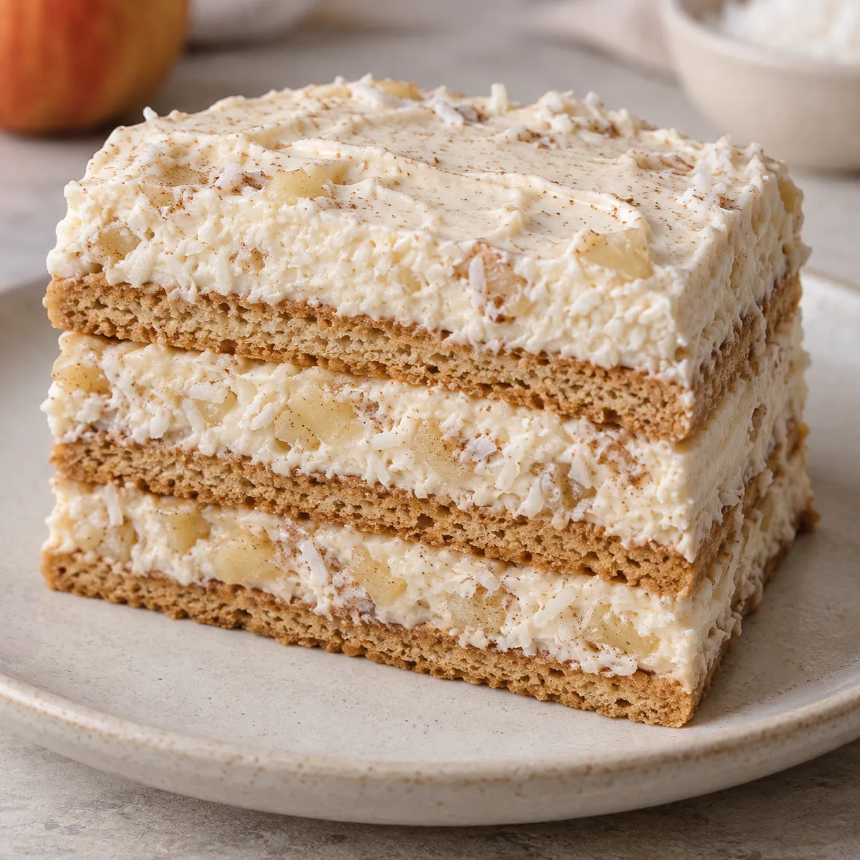 No-bake biscuit cake with cinnamon and apple — coconut
