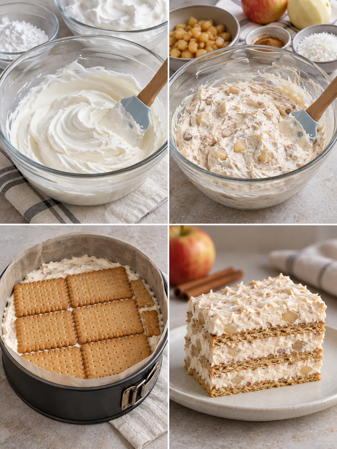 No-bake biscuit cake with cinnamon and apple — coconut