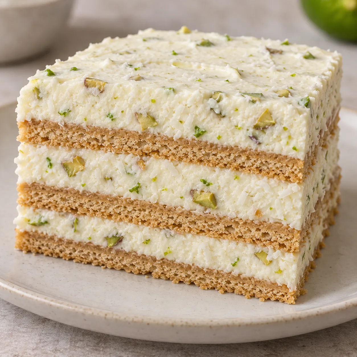 No-bake biscuit cake with coconut and lime — pistachios