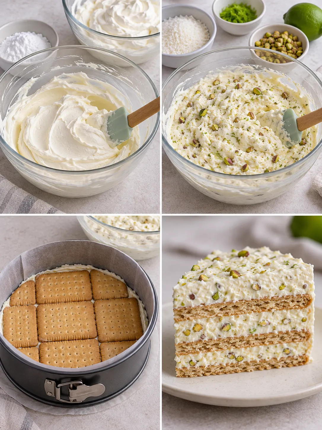 No-bake biscuit cake with coconut and lime — pistachios